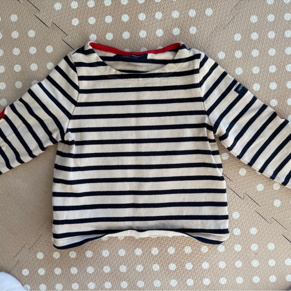 Saint James Kids Striped Long Sleeve Top in Navy & Cream heart elbow 2T